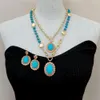 YYGEM CZ Pave Blue Sea Sesiment Jasper Turquoiseペンダントチェーンステートメントネックレスイヤリングセット18 "