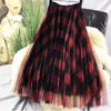 Winter Vintage Plaid Pleated Maxi Long Tulle Skirts Elegant Red Green Check Tartan A-line Ankle Long Mesh Skirts