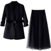 Plus Size Women's Suit Blazer Dress Long Jacket Mesh es Two Piece Set With Belt Elegant Women Winter Coat Sets 211106