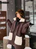 Nerazzurriジッパーアップ特大の黒い暖かい厚い革のジャケット女性冬のロングの襟の毛皮の中の毛皮の中の毛皮の毛皮長袖211130
