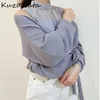 Kuzuwata Chic Mesh Knit Patchwork Fake Two Piece Shirts Sexy Hollow Out Cross Lace Up Women Blouse Spring Chiffon Femme Blusas 210721