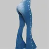 Katoen Blauw Hoge Taille Uitlopende Jeans Dames Skinny Sexy Klinknagel Streetwear Dame Kwaliteit Denim Bell-Bottomed Broek 211129