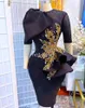2022 Black Sheath Formal Evening Dresses With Gold Lace Appliques Sheer Neck Beaded Sleeves Knee Length Prom Party Gowns robe de soirée femme EE