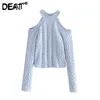 [DEAT] Spring Autumn Fashion Solid Color Long Sleeve Round Neck Sexy Strapless Knitting Sweater Women 13C238 210709