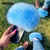 Winter Women Fur Slippers Fluffy Real Fox Slides Cute ry Raccoon Sandals Indoor Flip Flops Ladies Fashion Rainbow Shoes