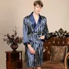 Plus Size 5xl Silk Robe Men Spring Summer Blue Sttriped Sleep Dressing Gown Male Long Sleeve Satin Kimono Bathrobe Sleepwear 210901