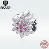 BISAER Real 925 Sterling Silver Pink Red Lotus Flower Beads fit Charms Bracelets & Bangles Sterling Silver Jewelry EFC038 Q0531