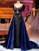 2021 Plus Size Arabo Aso Ebi Blu Navy Abiti da ballo di lusso Cristalli di perline Sheer Neck Evening Formal Party Second Reception Gowns Dress ZJ422