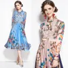2023 Fashion Bow Collar Pleated Dress Women Designer Long Sleeved Lace Patchwork Runway Retro Floral Party Midi Dresses Spring Aut312F