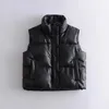 Za Kvinnor Svart Varm Faux Läder Vest Coat Casual Zipper Ärmlös Jacka Kvinna Kort Bomull Outwear 210923