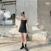 Yitimuceng preto pu couro zíper tiras slim vestidos mulheres sem mangas a-linha vestuário sólido verão moda mini vestido 210601