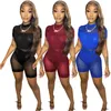 Summer Women Outfits Mesh Hollow Out Two Piece Set Short Sleeve Sheer Onesies+Shorts Matching Set Casual See Through Suits Night Club Wear 6976