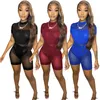 Summer Women Stroje Mesh Hollow Out Dwuczęściowy Zestaw Krótki Rękaw Sheer Onesies + Spodenki Dopasowywanie Ustaw Casual See przez Garnitury Sexy Klub nocny Nosić 6976