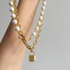 Titanium With 18K Gold Faux Pearl Layered Lock Statement Neckalce Stainless Steel Jewelry T Show Party Runway Boho Japan Korea