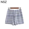 NSZ Women Tweed Plaid Skirt Short Double Breasted High Waist Elegant Ladies Checked Pants 210719