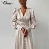 Celmia Vintage Satijn Hoge Taille Party Jurk Vrouwen Elegante Puff Sleeve Midi Sundress Sexy V-hals Knopen Avondfeest Jurken Y220214