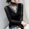 2022 Spring Autumn Women's Tops Shirt Fashion Casual Turtleneck Long Sleeve Hollow Out Drilling Mesh T-Shirt Plus Size 220226