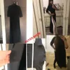 shengpalae 2021 جديد ربيع الأزياء الأسود الياقة المدورة السوداء ثلاثة أرباع سبليت تنحنح امرأة الطابق طول اللباس الإناث SC312 210224