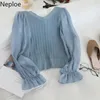 Neploe Fashion Patchwork Mesh Blouse Femmes V Neck Trey Flare Long Sleeve Blusas 2021 Autumn Spring New Slim Shirt Elegant 210302