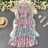 Women's Runway Floral Print Maxi Dress Fashion Spring Autumn Full Sleeve Buttons Sash Lace-up Casual Holidays Long 210603