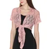 Okłady Kurtki Damskie Eleganckie Koronki Kwiatowe Wodę Ramion Top Kobiety Sheer Bolero Tie Front 3/4 Cropped Cardigan Otwórz