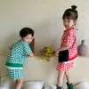 Korean style boys and girls summer fashion patchwork plaid 2pcs sets brother sister outfits cotton clothing 2108049835181
