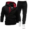 Men Tracksuit Casual 2 Pieces Sets Zipper Sweatshirt Hooded+Sweatpants Print Sportswear Mens Clothes Solid Jogger Sport Suit 4XL 211023