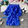 Casual Dresses Sexy Off Shoulder Smocked Bodycon Dress Flower Long Sleeve Women Mini Red Ladies Short Party Club Vestidos LW