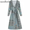 Vintage Totem Print High Waist Women A-Line Midi Dress Summer Fashion Deep V Wrist Sleeve Female Casual Wrap 210604