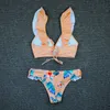 Sexig bikini print blommig badkläder kvinnor spets upp låg midja bikinis set push brasilianska baddräkt ruffle baddräkt l 210621