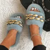 Große bequeme flauschige Pelz-Hausrutschen-Schuhe für Damen-Winter-Slipper-Frauen-offene runde Zehen-Flip-Flops-Metallkette große Größe 43 H0914