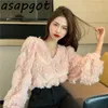 Asapgot Fashion Chic Korea Plysch V-Neck Tassel Tröjor Coat Höst Vinter Tjock Vild Rosa Långärmad Cardigan Top Sweet 210812