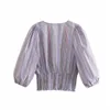Za Spring Cropped Striped Shirt Kvinnor Puff Sleeve V Nacke Smocked Vintage Pleated Blouse Feminine Chic Streetwear Short Tops 210602