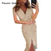 Vrouwen glitter glanzende feestjurk plus size v-hals verzamelen taille elegante lange jurk prom bling zilver goud roze bodycon jurk xxxl x0521