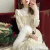 Retro Velvet Lace Long Sleeve Dress French Puff Women Designer Midi Spring High Waist Lady Wedding Party 210604