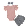 3PCS Infant Newborn Baby Girl Clothes Knitted Solid Color Romper Stripe Plaid Pants Headband Summer Outfits Set 210312