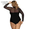 Comeonlover lace up bodysuit floral see through sexy women rompers plus size body top long sleeves slim mesh bodysuit ER80372 210715