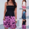 Sıradan Elbiseler Moda Patchwork Tie-Die Yaz Kısa Elbise Konumlandırma Geometrik Baskı Elastik Bant Yular Boyun Yatağı Sarısı Kadınlar için
