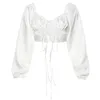 Fransk Romance White Crop Tops Kvinnor Höst Sexig Hollow Out Långärmad V Neck Ladies Casual Solid 210607