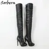 Sorbern زر خمر منتصف الفخذ أحذية عالية المرأة عالية الكعب منصة غير مرئية الخنجر مخصص واسعة ونقل الساقين