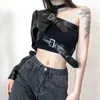 Kadın T-Shirt Vintage Gotik Y2K PU Faux Deri Kadınlar Alt Techwear Streetwear Metal Toka Kırpma Üst Bir Omuz Goth Punk Tee