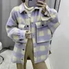 Ladies Vintage Pocket Overshirts Oversized Plaid Jacket Women Coat Long Sleeve Loose Woolen Jacket Female Outerwear Chic Tops 210928