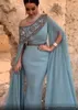 Stoffig blauw Off-shoulder zeemeermin galajurken Grote maten Arabisch Lovertjes Kralen Avondkleding Jurk Dichter Lange mouwen Formeel feest Dre309t