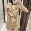 women V Neck Cascading ruffle Solid Poplin dress female Butterfly sleeve casual pleats vestido chic mini dresses DS3915 210603