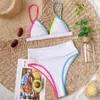 2021 Nieuwe Hoge Taille Bikini Dames V-hals Badmode Push Up Badpak Vrouwelijke Patchwork Bading Suits Zomer Strand Swimming Swimming Pak