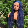 Perruques de cheveux humains longs bouclés bleu foncé avant de lacet perruque synthétique brésilienne à vague profonde sans colle pré-plumée avec BabyHair