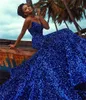 2022 Sparkly Sequins Hot Royal Blue Mermaid Prom Klänningar Sequined Lace Sweetheart Ärmlös Sexig Open Back Afton Party Gowns Vestidos Sweep Train