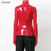 Mulheres Faux Patent Leather Turtleneck Tops Camisa Longa Camisa Zíper PVC Pullover Preto Vermelho Pu roupas de couro Streetwear personalizado 210928