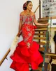 Aso Ebi 2021 Arabski Czerwony Luksusowy Syrenka Suknie Wieczorowe Zroszony Haft Prom Dresses Sexy Formal Party Druga Recepcja Suknie Zj555