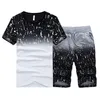 Tracksuit Men Summer Short Sleeve Casual Tshirt Shorts Mens Sweatsuit 2PC Tee Tops+Sweatpant Male Set Moleton Masculino 3XL 4XL